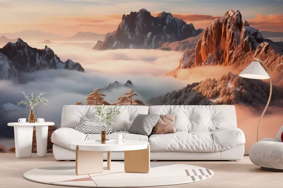 murales de pared Encantador paisaje de montaña con niebla y árboles w08807
