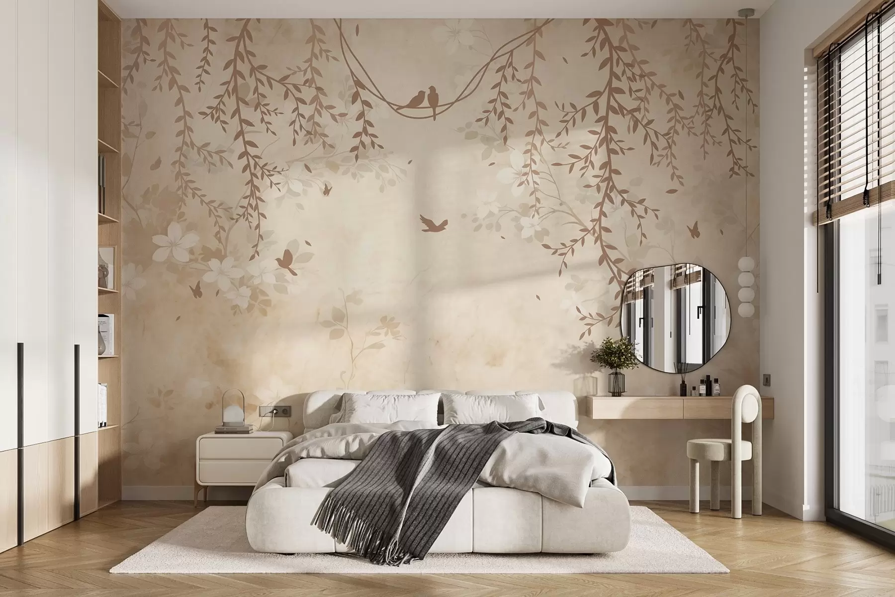 murales de pared Pájaros con plantas colgantes y un motivo floral en tonos beige-crema claro w08809