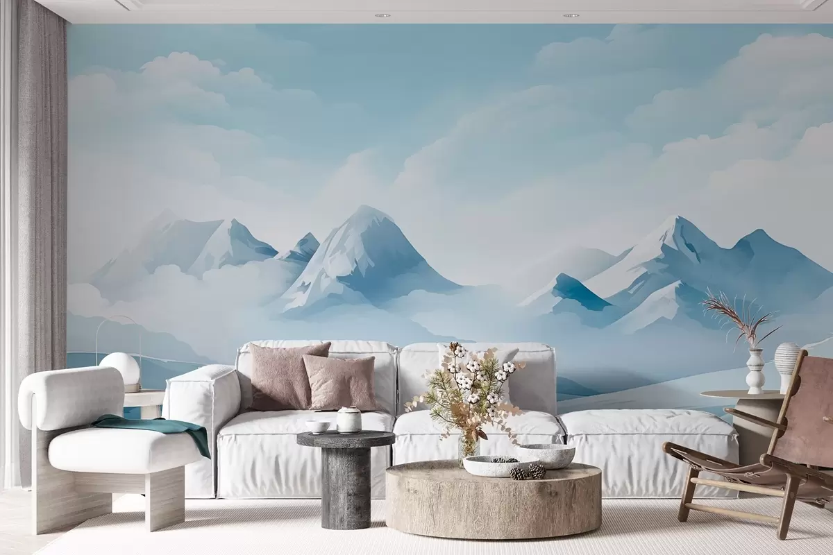 murales de pared Nubes y montañas azules minimalistas, tiempo gélido w08811