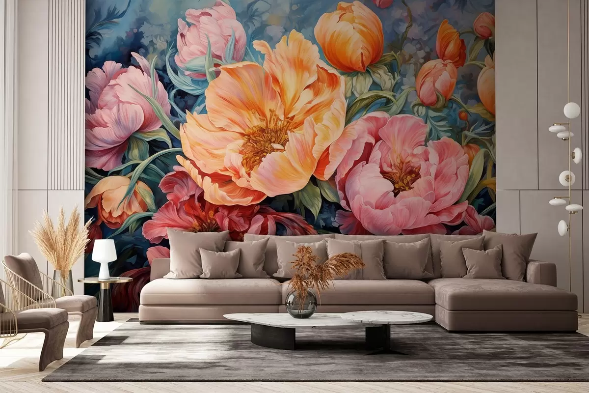 murales de pared Tulipanes y peonías, una composición floral en estilo pincelada de óleo w08817