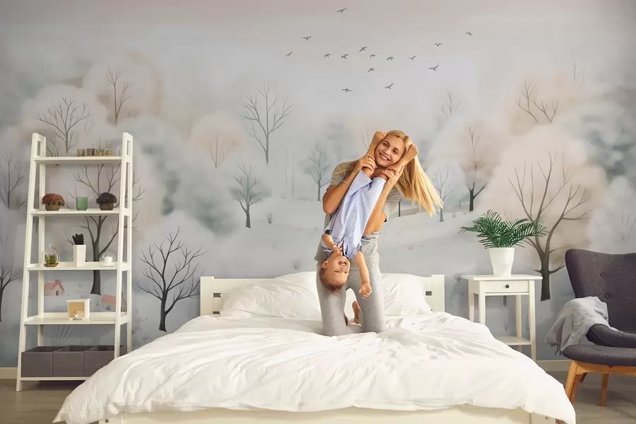 murales de pared Bosque invernal con árboles, casitas, pájaros y nieve en estilo acuarela ligera w08815