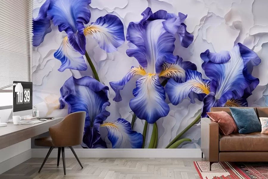 murales de pared Lirios blancos y azules en estilo acuarela w08816