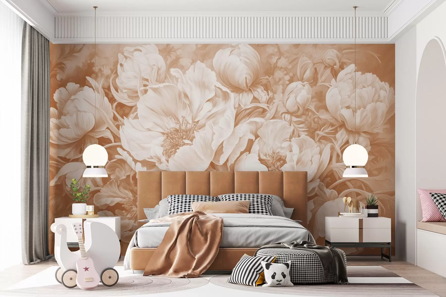 murales de pared Tulipanes y peonías, una composición floral en estilo pincelada de óleo beige w08817v1