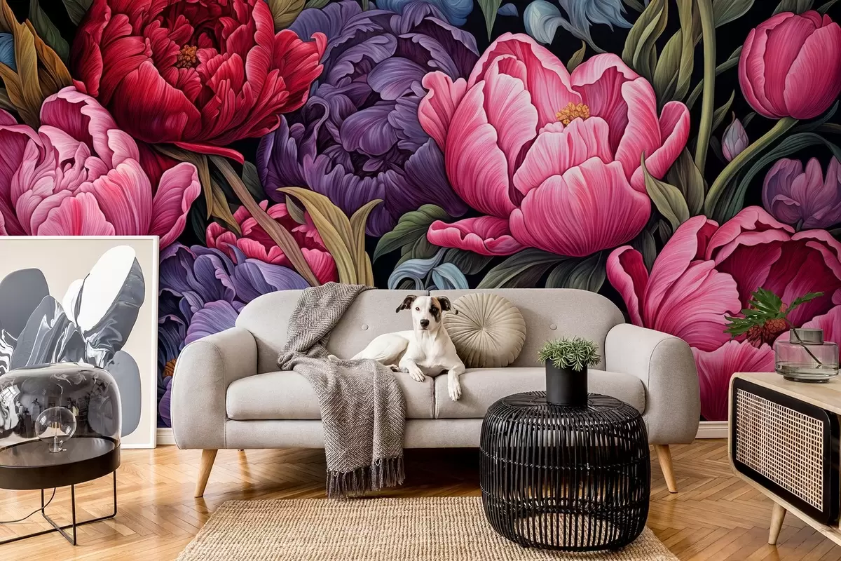 murales de pared Tulipanes y peonías de estilo victoriano, en colores rosa y morado w08818