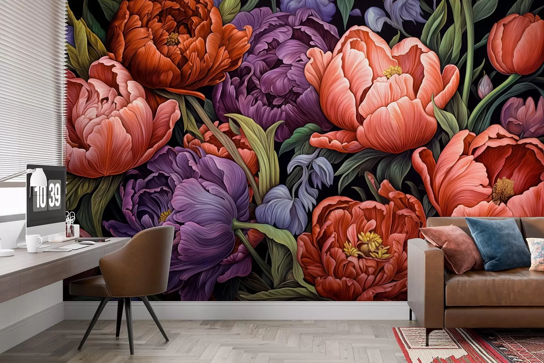 murales de pared Tulipanes y peonías de estilo victoriano, en colores rojo y morado w08818v1