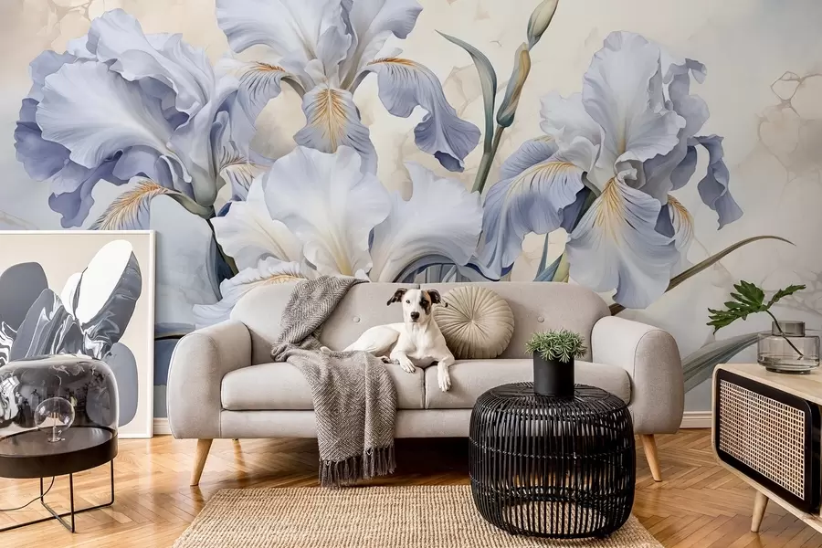 murales de pared Lirios blancos y azules en estilo acuarela w08819