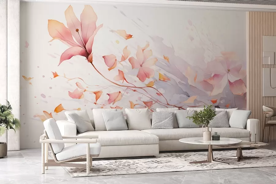 murales de pared Una flor con pétalos que caen revoloteando al viento en estilo acuarela w08821