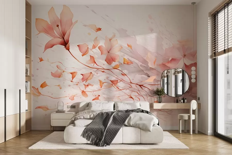 murales de pared Una flor con pétalos que caen en estilo acuarela en tonos cálidos w08821v1