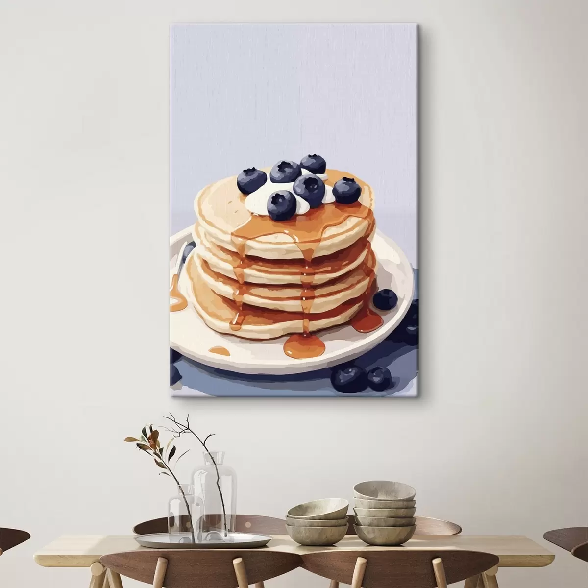 murales de pared Tortitas con sirope y arándanos en un plato s43009