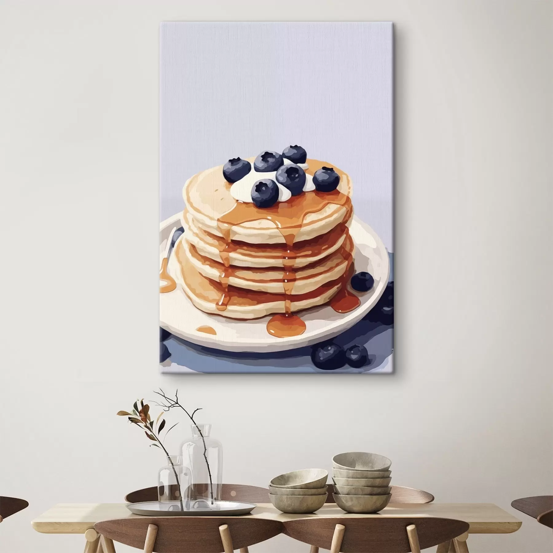 murales de pared Tortitas con sirope y arándanos en un plato s43009