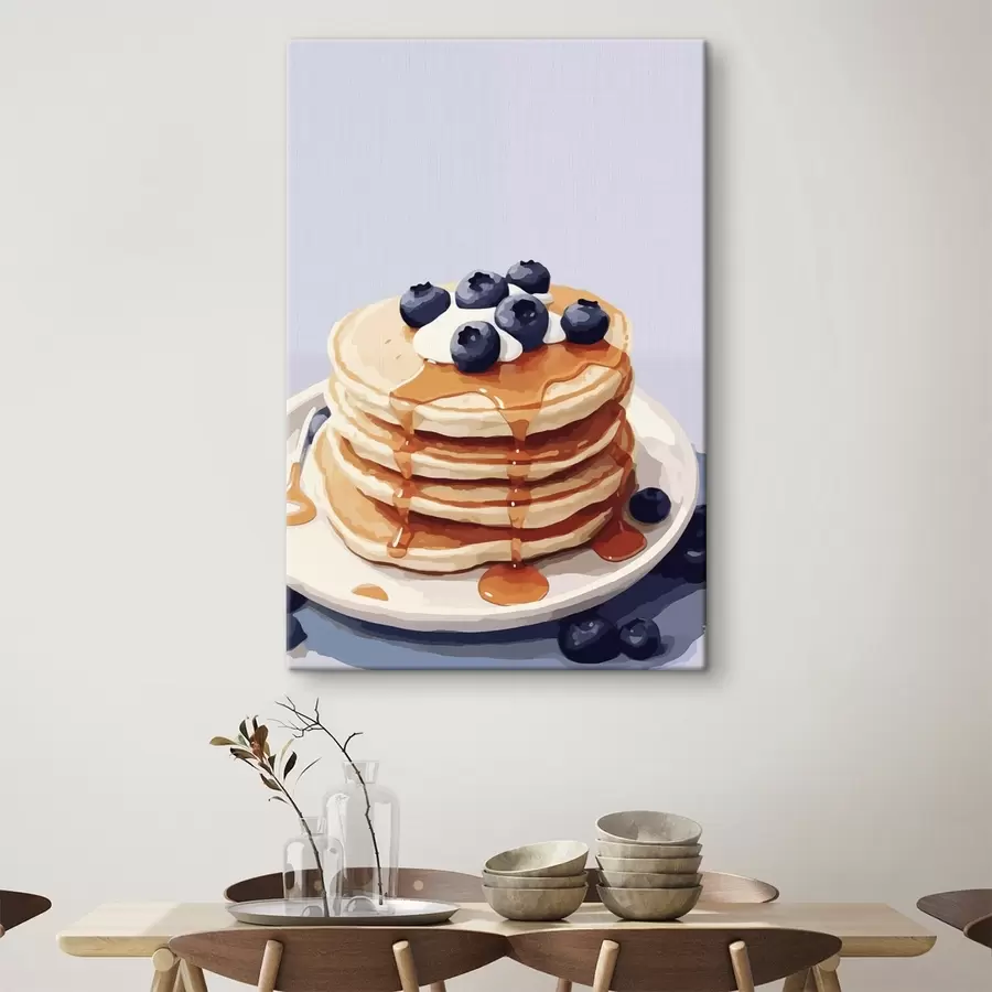 murales de pared Tortitas con sirope y arándanos en un plato s43009