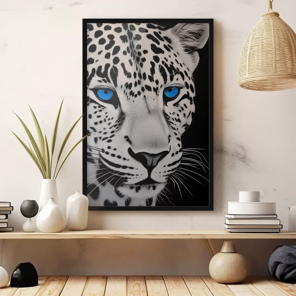 Poster Retrato en blanco y negro de un leopardo con ojos azules f43008