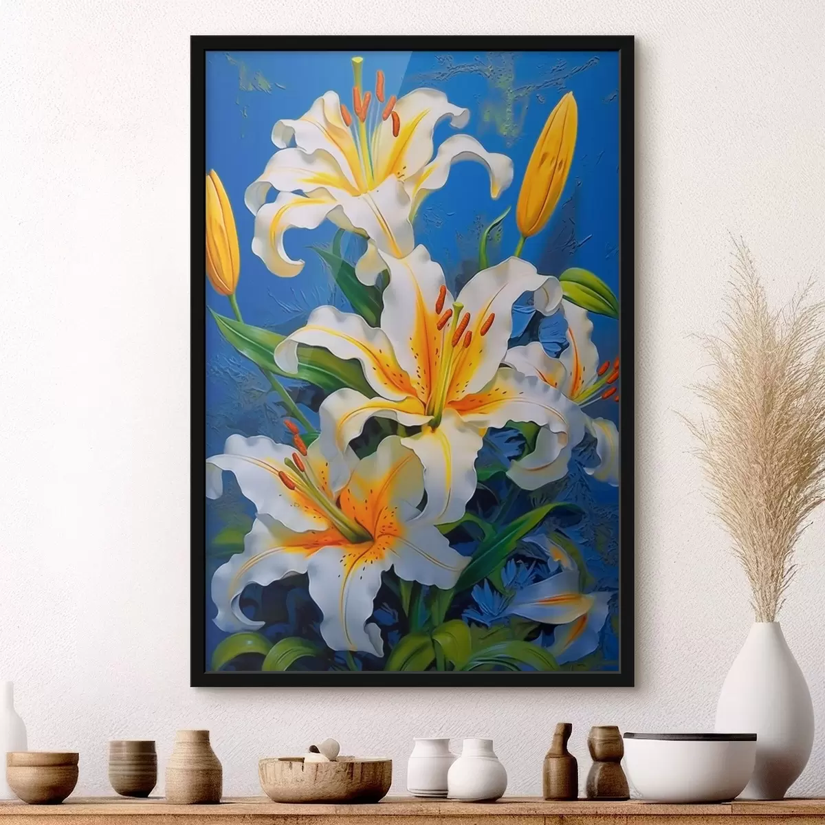 Poster Lirios blancos sobre fondo azul f43018