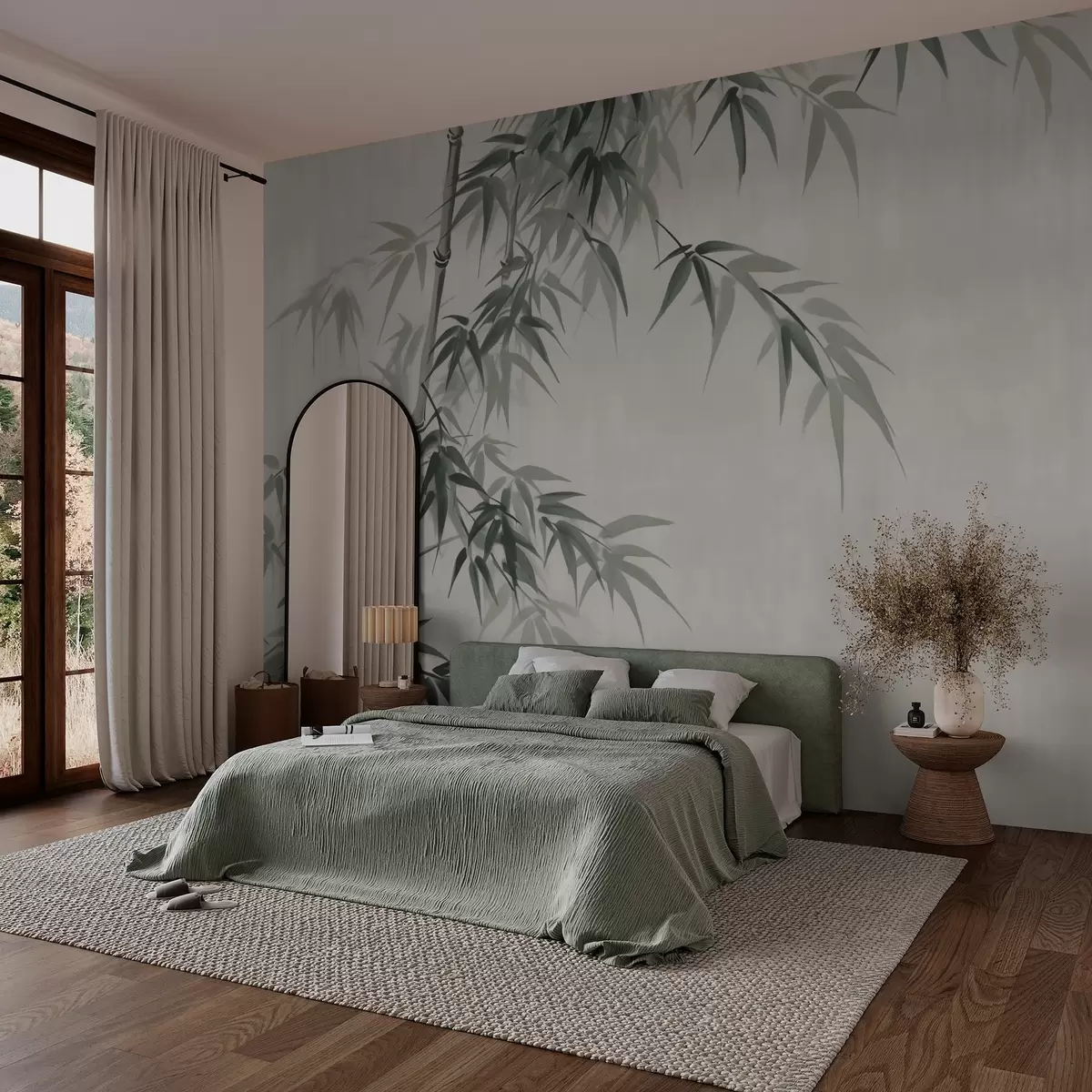 murales de pared Hojas de bambú sobre fondo claro moteado imitación acuarela w03178