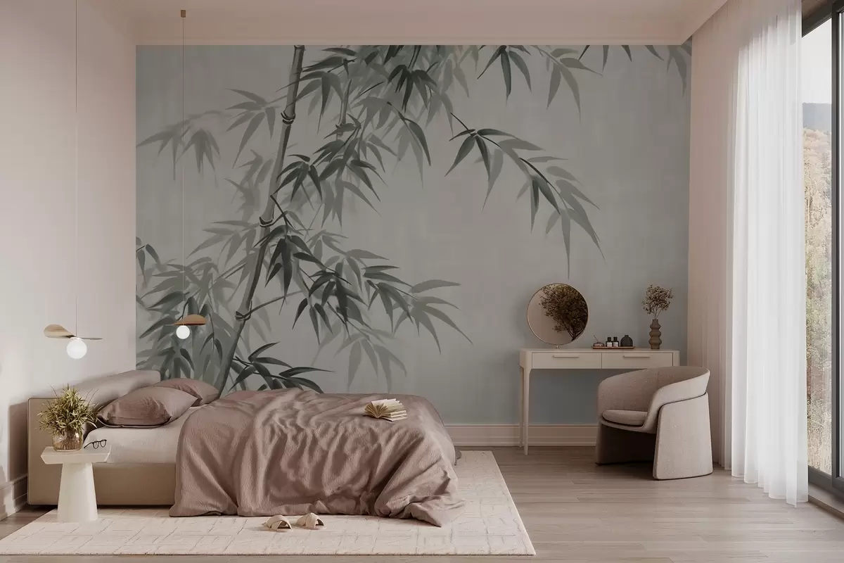murales de pared Hojas de bambú sobre fondo claro moteado imitación acuarela w03178