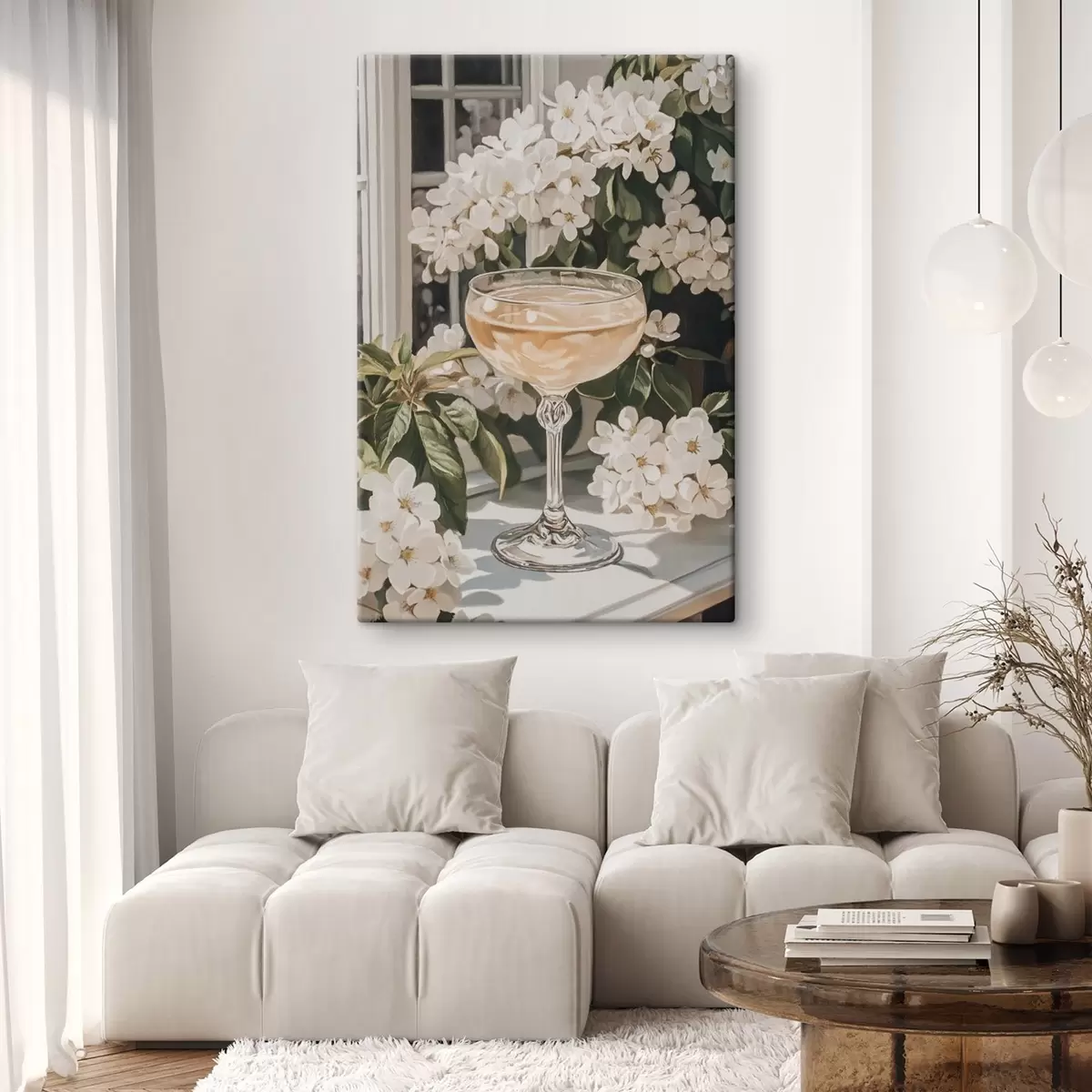 murales de pared Copa de champán, estilo vintage, acuarela, flores blancas s43051