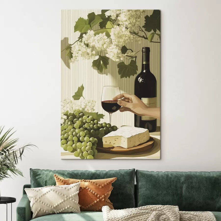 murales de pared Uvas con queso, botella de vino, estilo vintage, flores blancas s43052