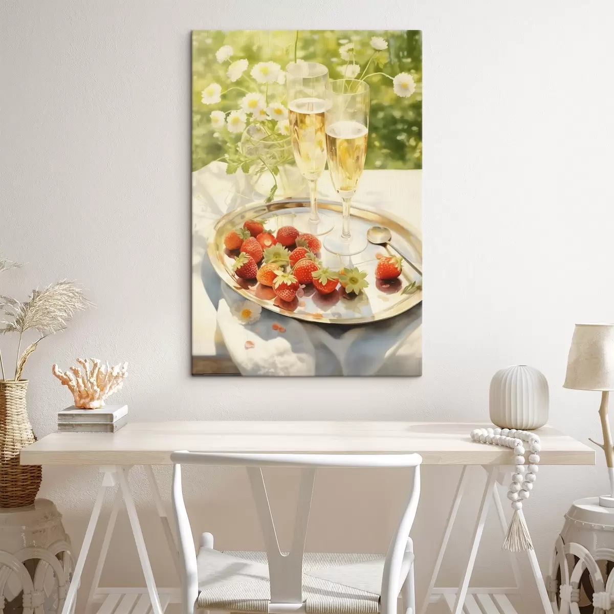 murales de pared Copas de champán con fresas en la bandeja, flores de manzanilla, verano s43054