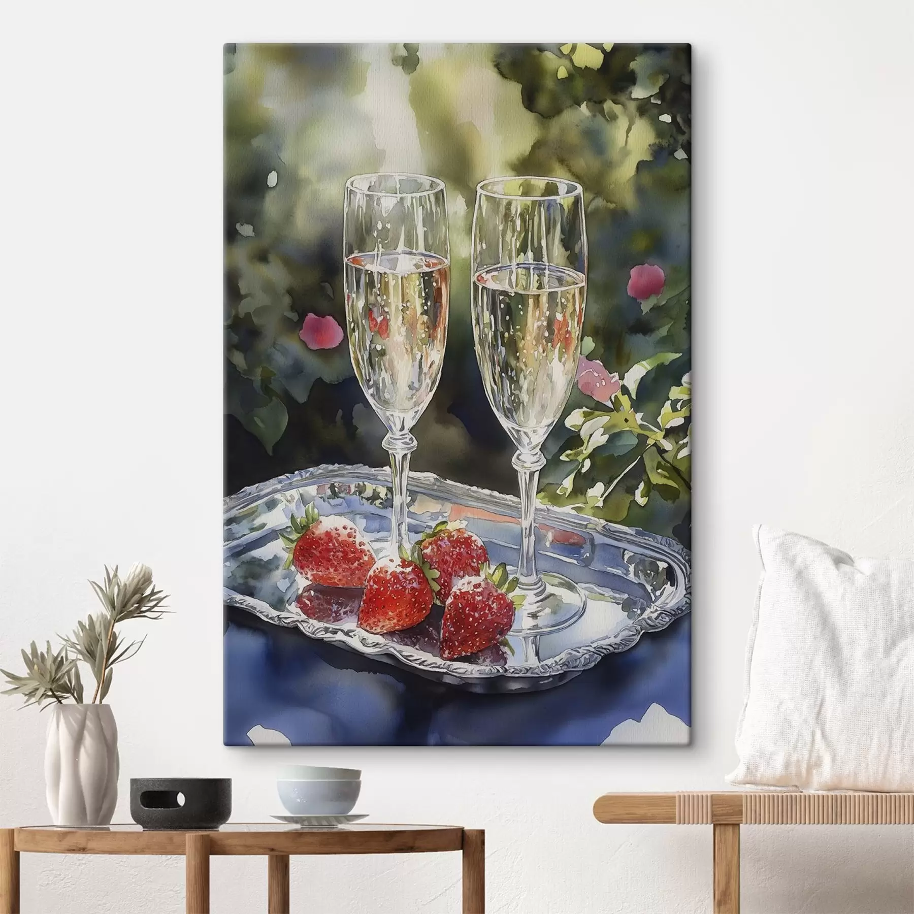 murales de pared Copas de champán festivas y espumosas con fresas en la bandeja s43057