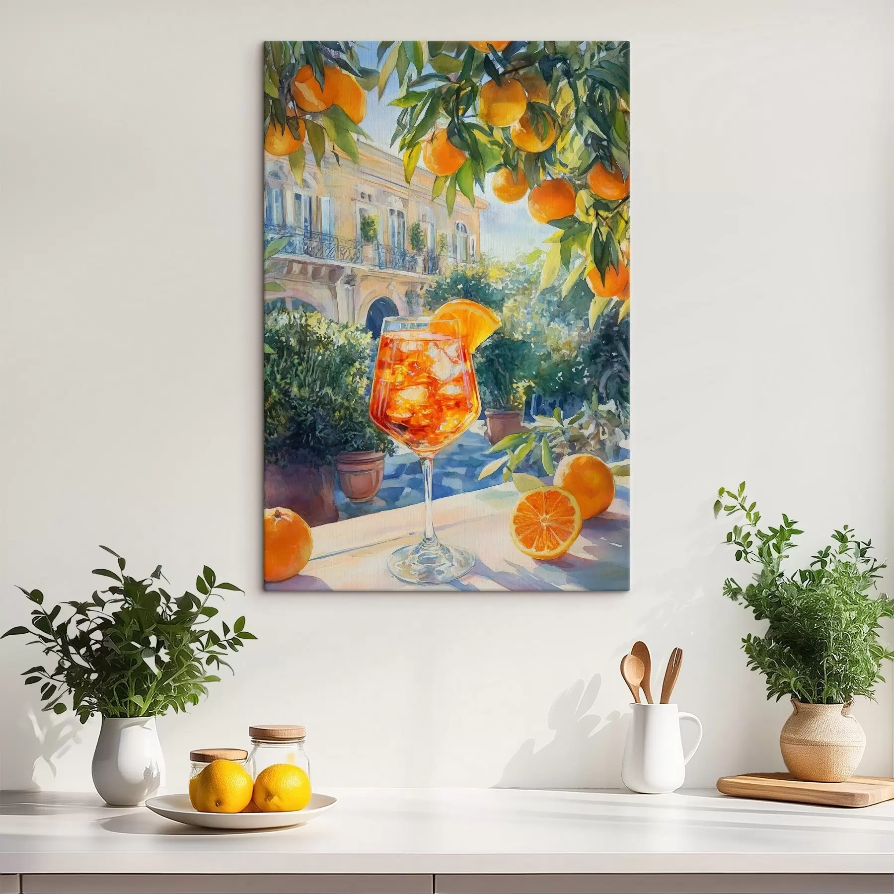 murales de pared Cóctel con naranjas, estilo acuarela, Italia, Aperol Spritz, arquitectura, jardín de verano  s43061