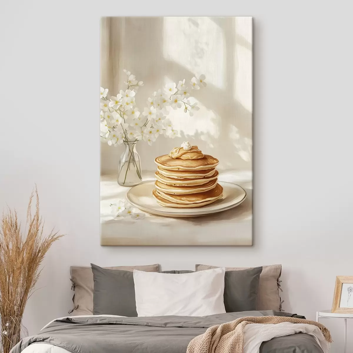 murales de pared Deliciosas tortitas con mantequilla de cacahuete, estilo acuarela, jarrón con flores blancas s43063