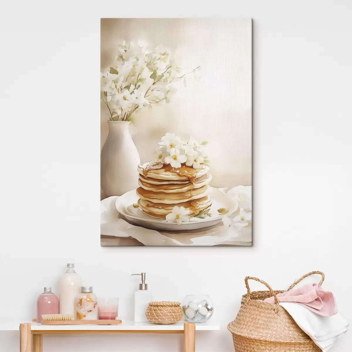 murales de pared Tortitas con mantequilla de cacahuete, flores blancas, dibujo estilo acuarela s43065