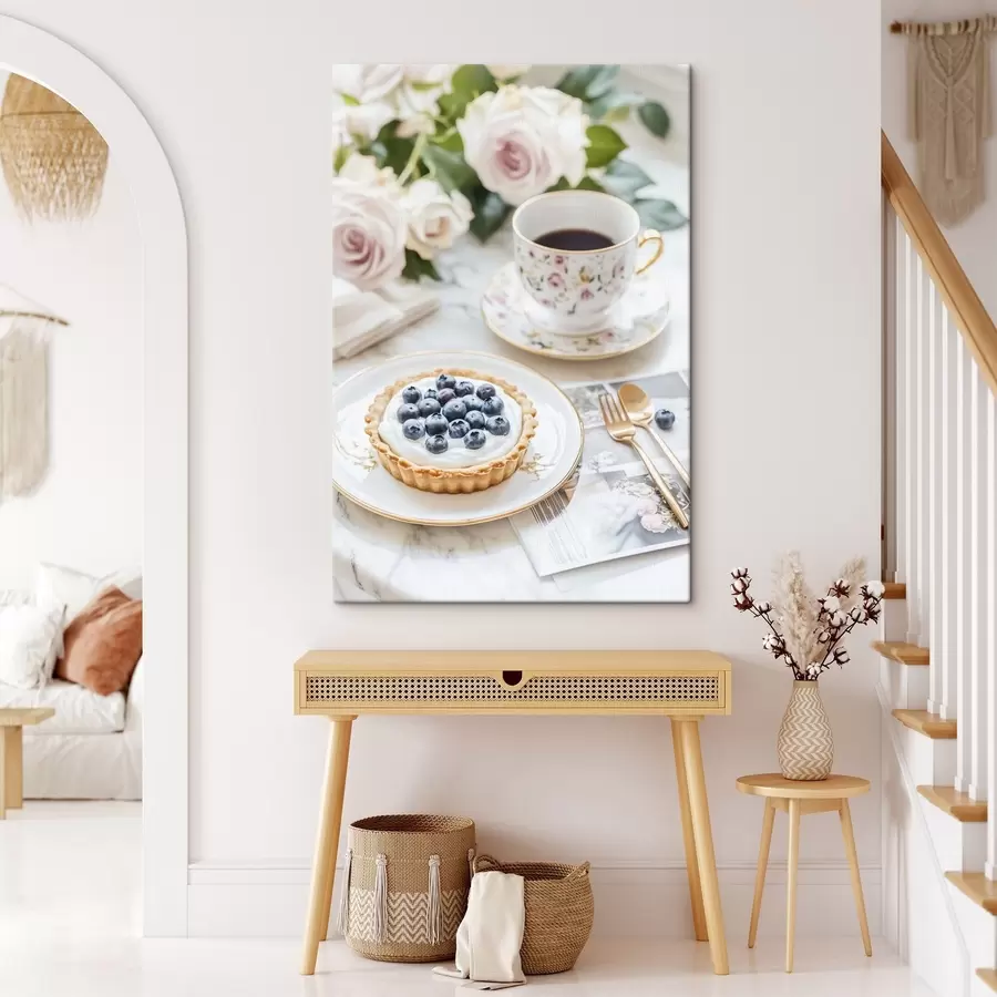 murales de pared Cupcake de arándanos con taza de té, estilo boho, rosas rosas s43066