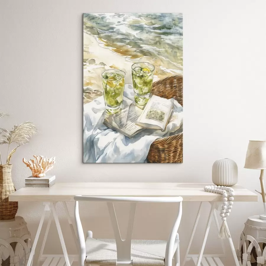 murales de pared Picnic cerca del mar, cócteles de verano, poesía, estilo acuarela s43068