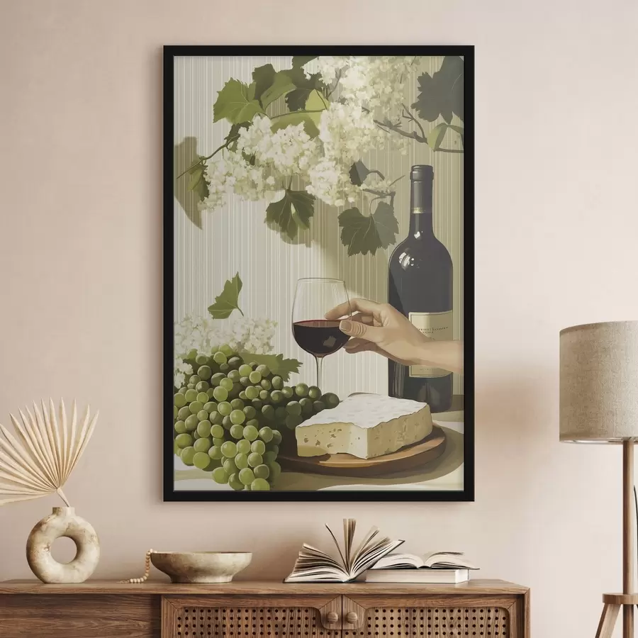 murales de pared Uvas con queso, botella de vino, estilo vintage, flores blancas f43052