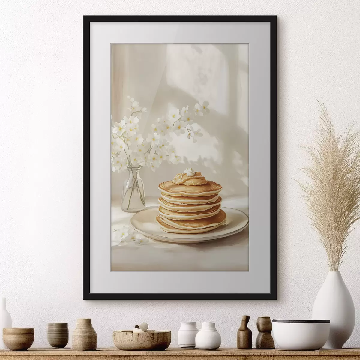 Poster Deliciosas tortitas con mantequilla de cacahuete, estilo acuarela, jarrón con flores blancas f43063