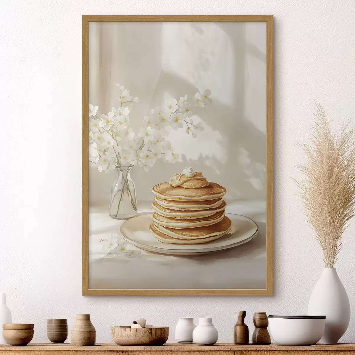 Poster Deliciosas tortitas con mantequilla de cacahuete, estilo acuarela, jarrón con flores blancas f43063
