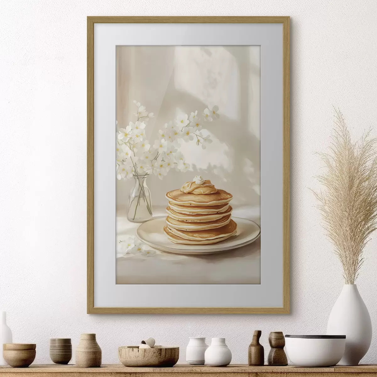 Poster Deliciosas tortitas con mantequilla de cacahuete, estilo acuarela, jarrón con flores blancas f43063