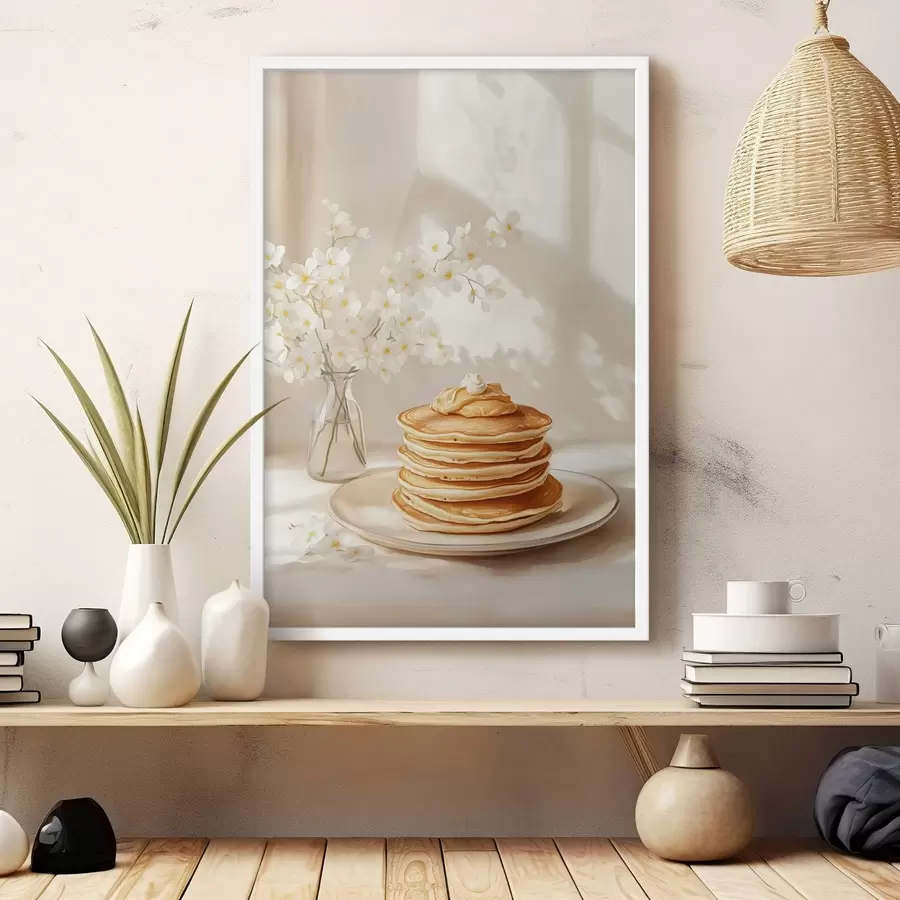 murales de pared Deliciosas tortitas con mantequilla de cacahuete, estilo acuarela, jarrón con flores blancas f43063