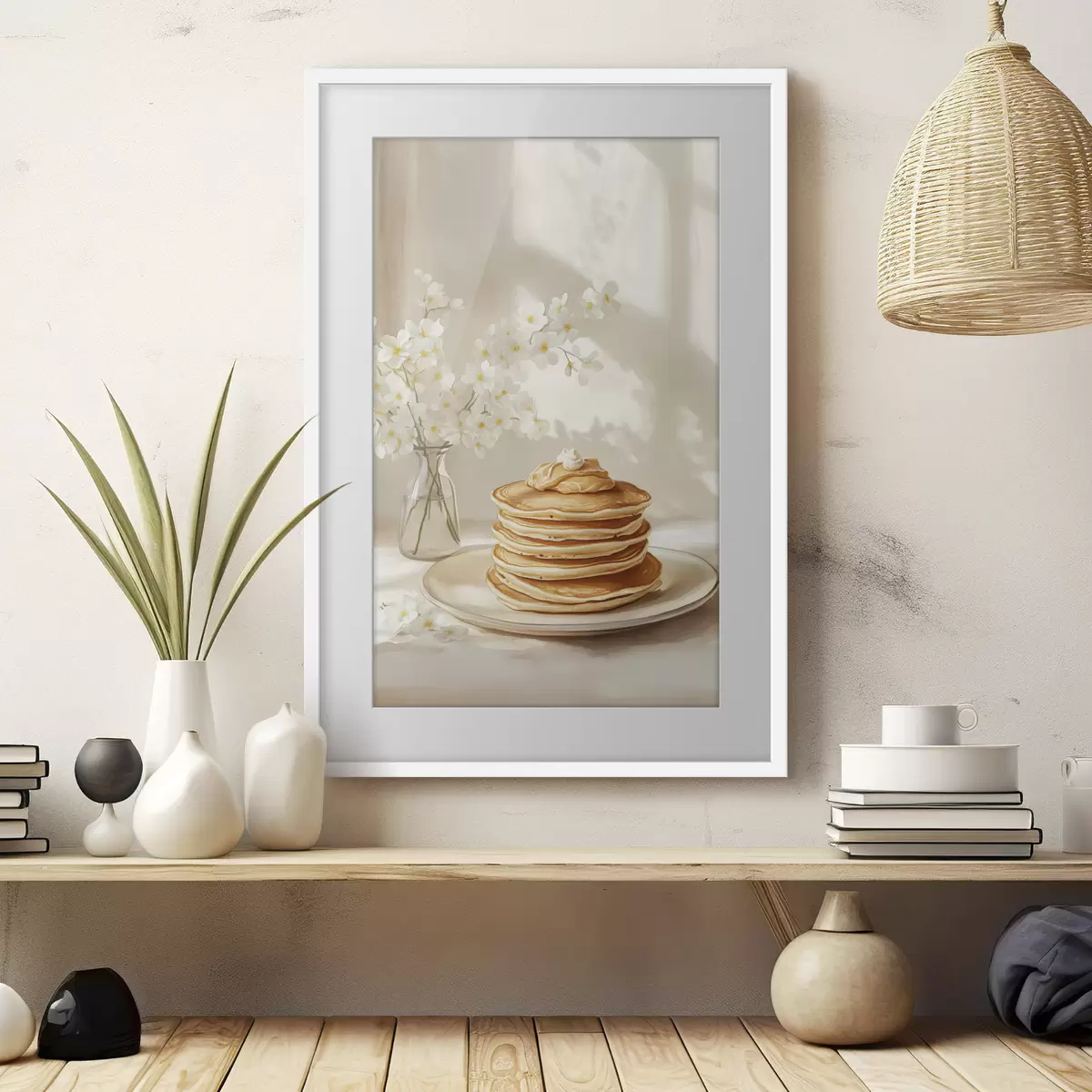 Poster Deliciosas tortitas con mantequilla de cacahuete, estilo acuarela, jarrón con flores blancas f43063