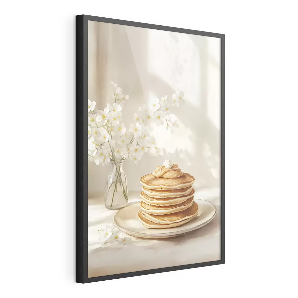 Poster Deliciosas tortitas con mantequilla de cacahuete, estilo acuarela, jarrón con flores blancas f43063