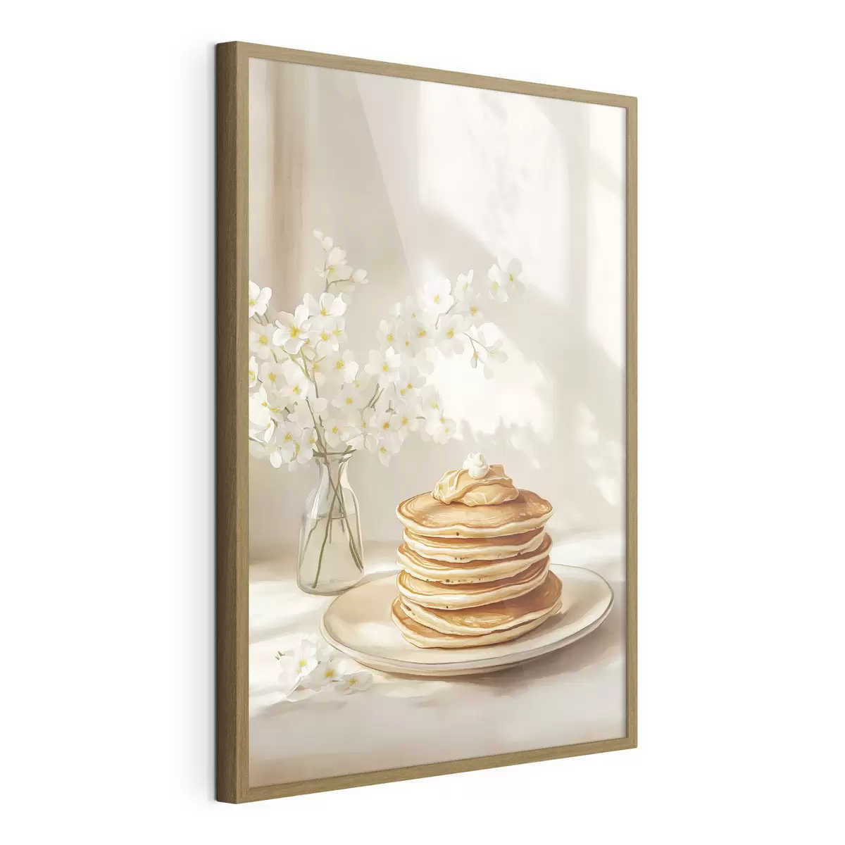 Poster Deliciosas tortitas con mantequilla de cacahuete, estilo acuarela, jarrón con flores blancas f43063