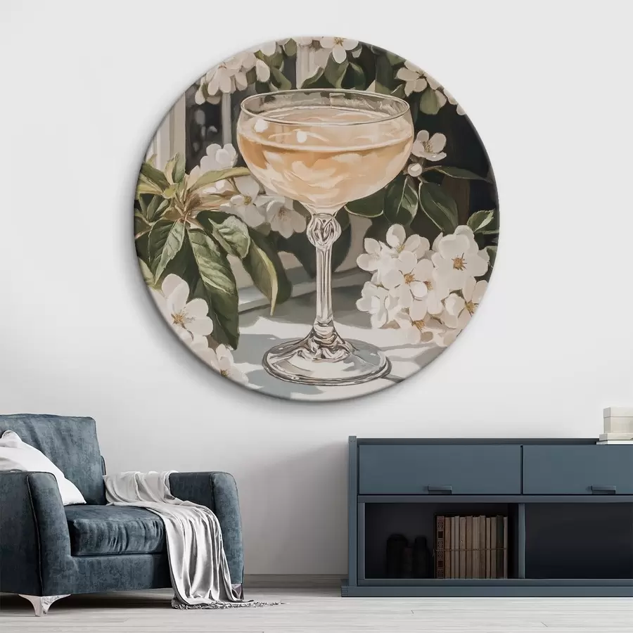 murales de pared Copa de champán, estilo vintage, acuarela, flores blancas r43051