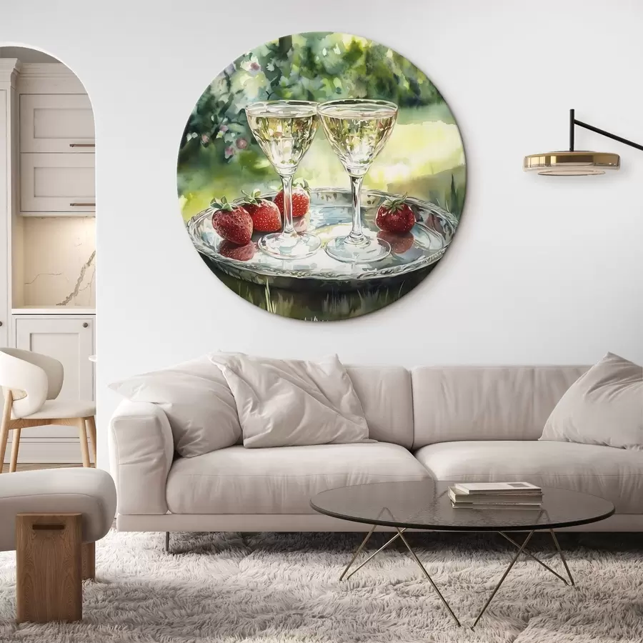 murales de pared Picnic de verano con champán y fresas, dibujo estilo acuarela r43055