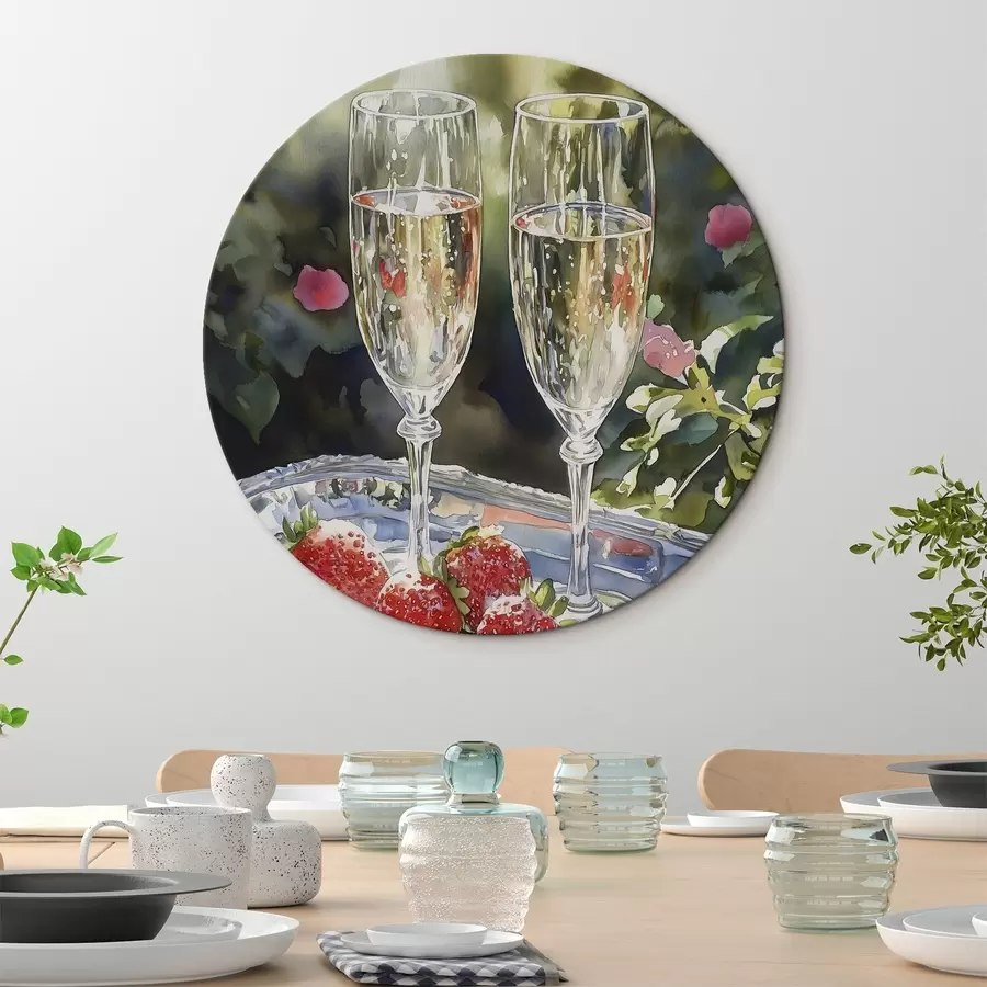 murales de pared Copas de champán festivas y espumosas con fresas en la bandeja r43057