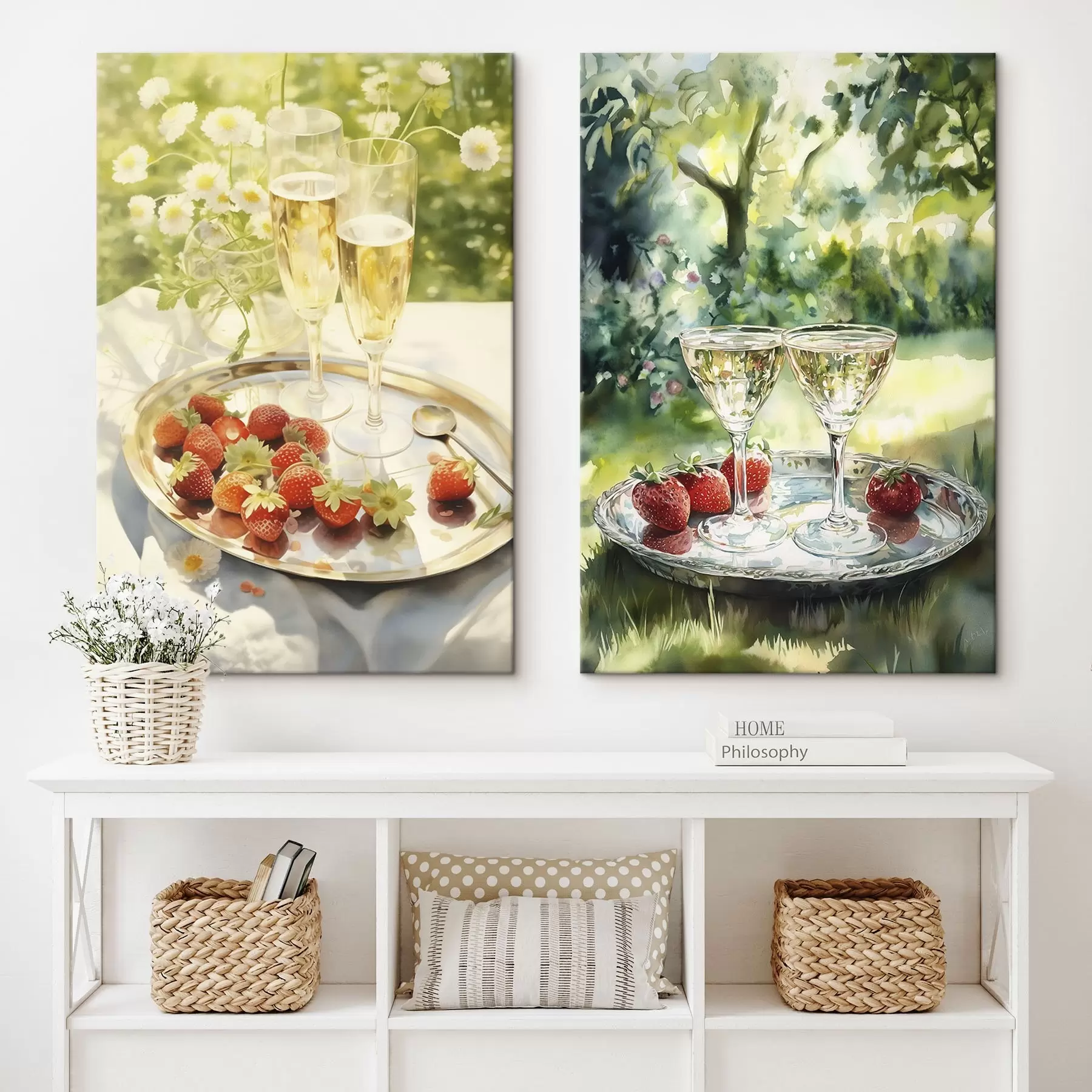 murales de pared Picnic de verano, copas de champán con fresas en la bandeja, flores de manzanilla m00414