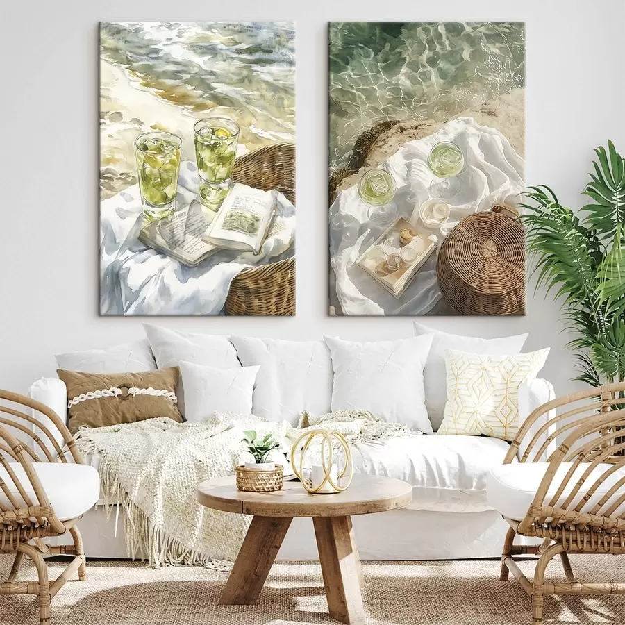 murales de pared Cócteles en la playa, dibujo estilo acuarela, océano, picnic de verano m00417