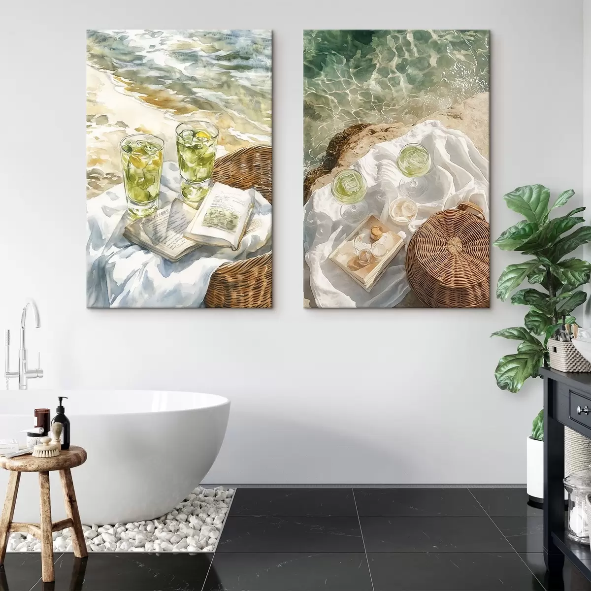 murales de pared Cócteles en la playa, dibujo estilo acuarela, océano, picnic de verano m00417