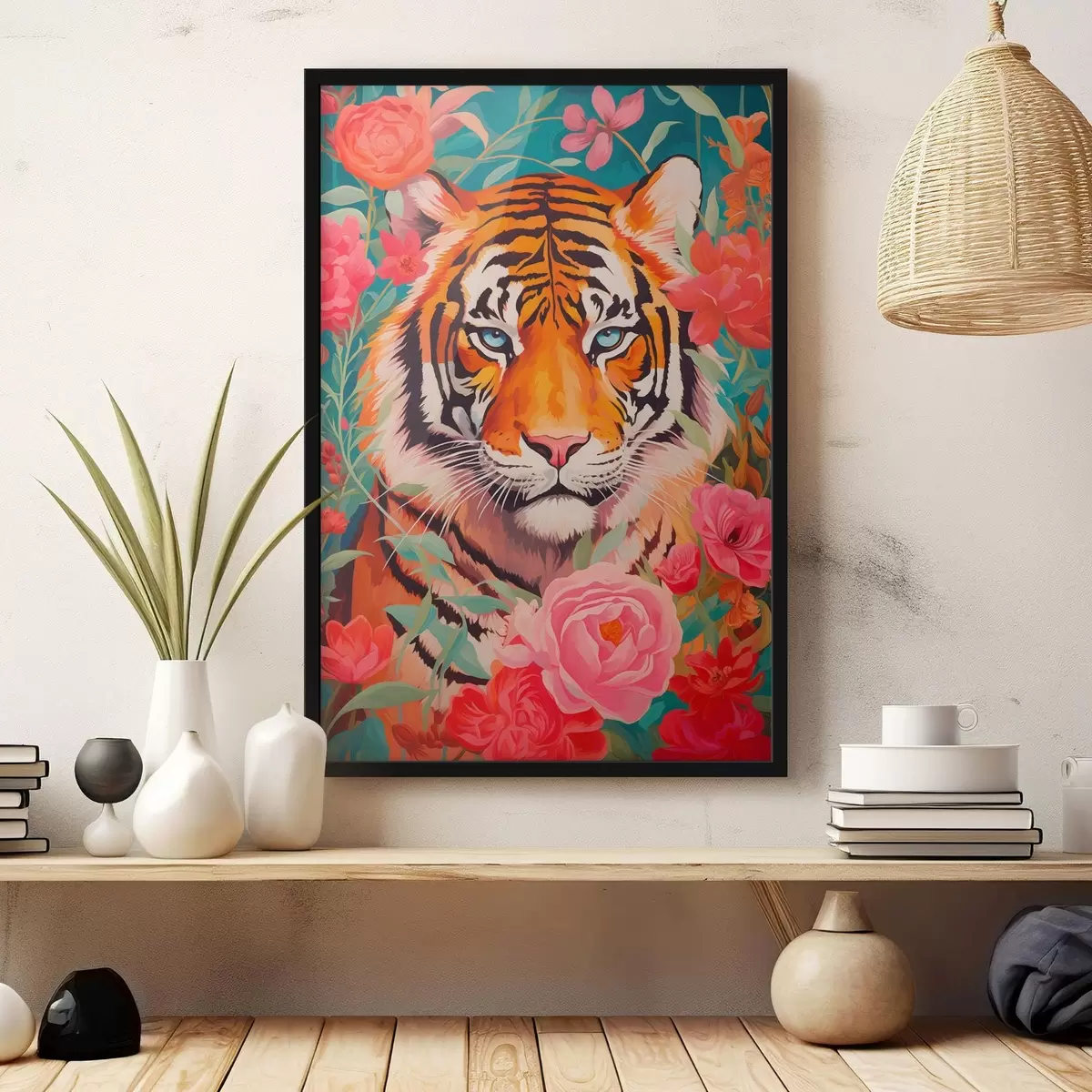 Poster La hipnotizante mirada de un tigre entre rosas vibrantes f43132