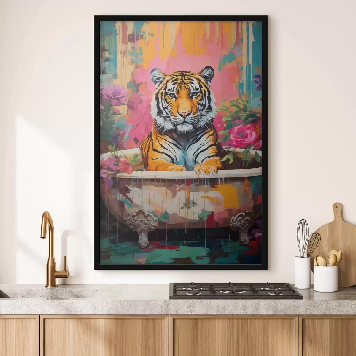 Poster Un tigre abstracto en una bañera, rodeado de flores vibrantes f43134