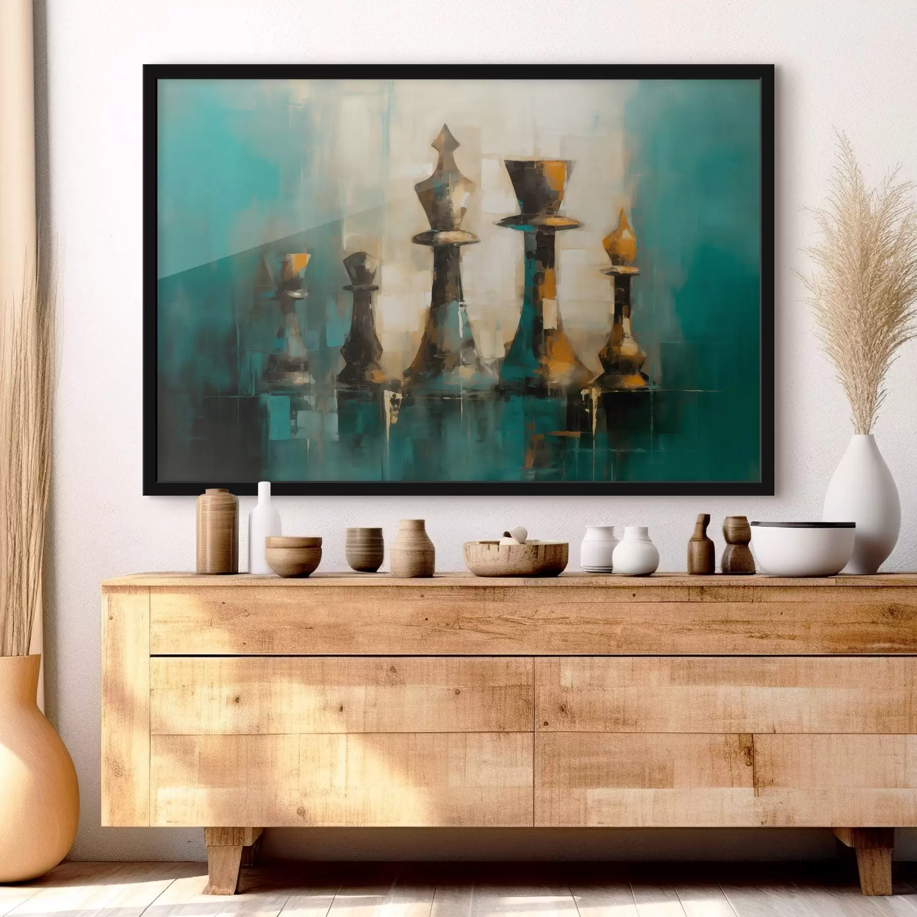 murales de pared Una composición pictórica abstracta de piezas de ajedrez en tonos  f43137