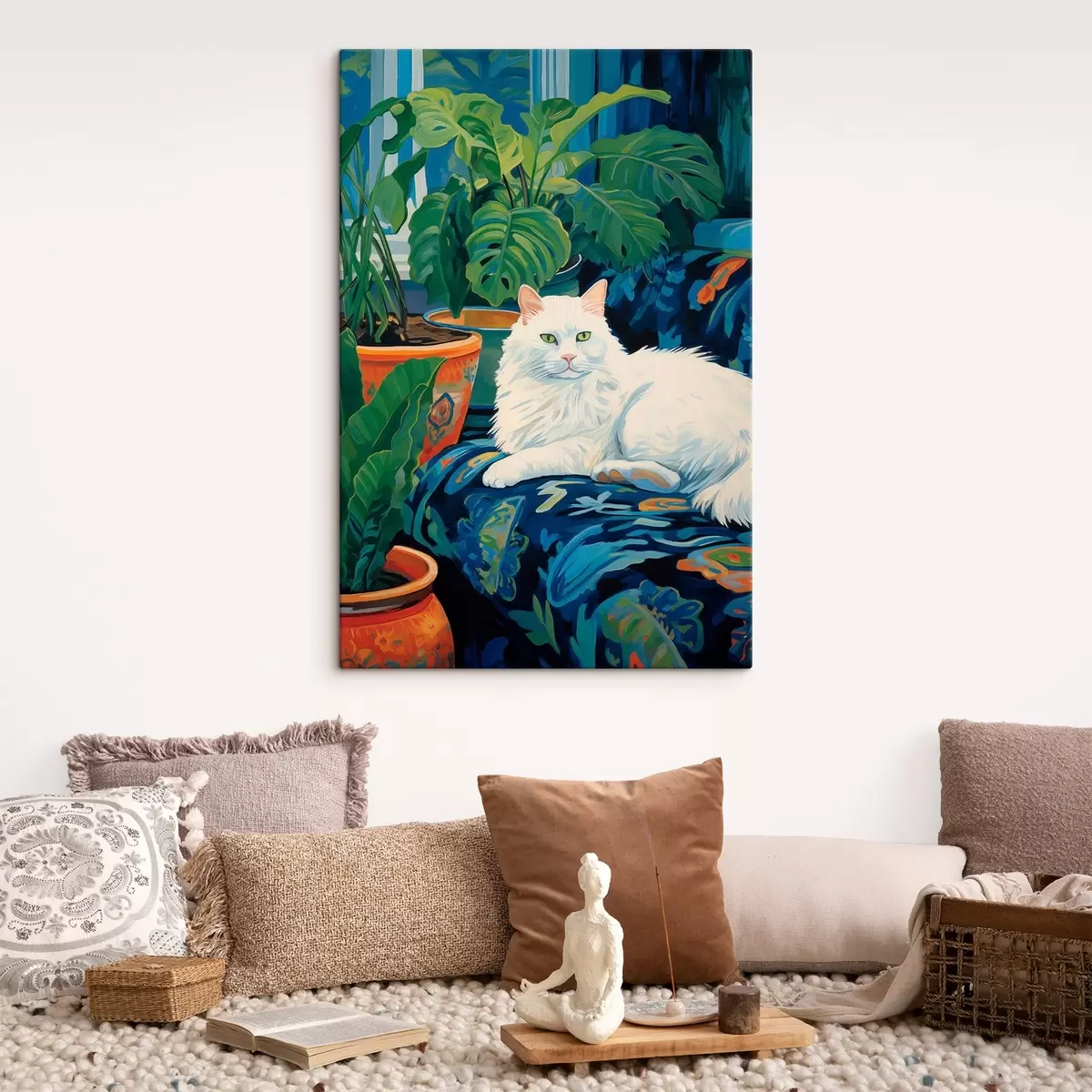 murales de pared Un gato blanco entre exuberante vegetación y macetas de cerámica s43131