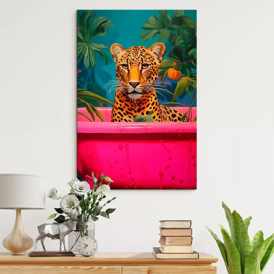 murales de pared Un leopardo en una bañera rosa entre plantas exóticas s43135