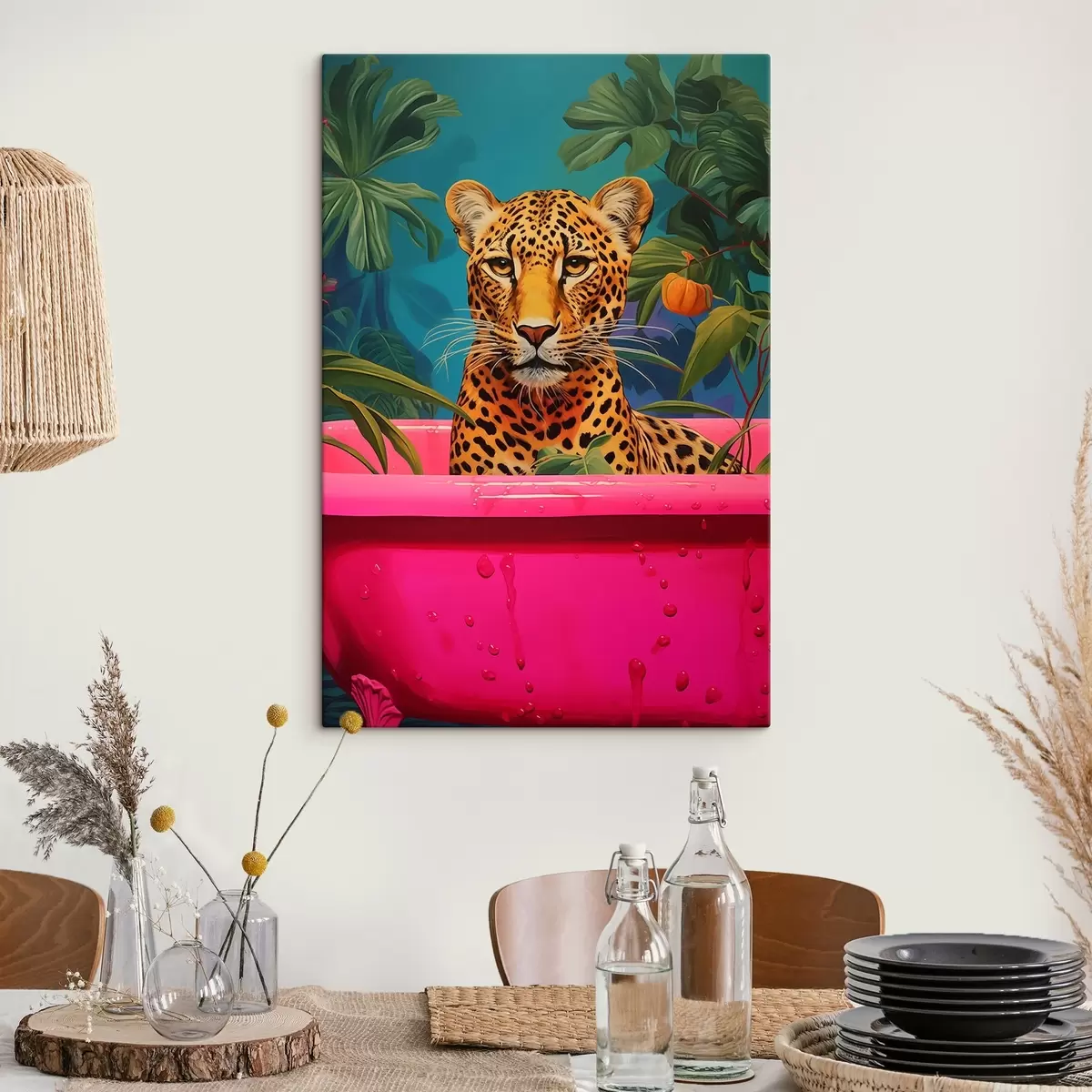 murales de pared Un leopardo en una bañera rosa entre plantas exóticas s43135