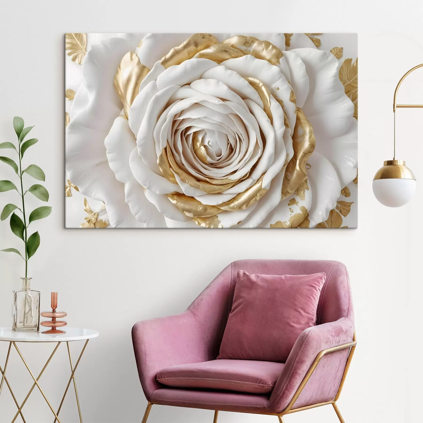 murales de pared Una rosa decorativa minimalista blanca con detalles amarillos, los pétalos están en capas y rizados s43160