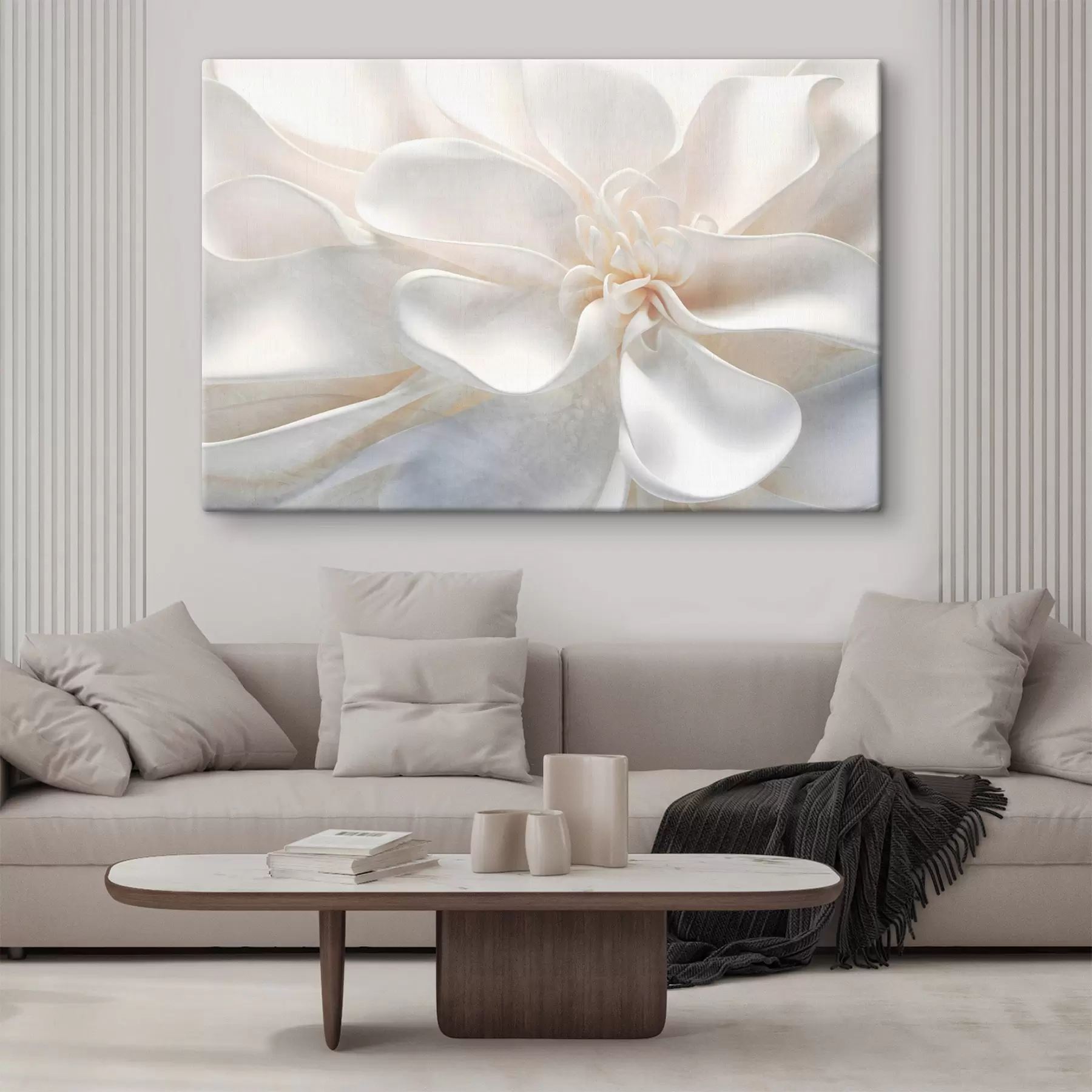 murales de pared Primer plano de una flor abstracta blanca de textura ruidosa con delicados pétalos en colores pastel s43161